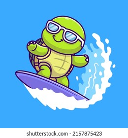 Cute Turtle Surfing In Sea Cartoon Vector Icon Illustration. Animal Sport Icon Concept Isolated Premium Vector. Flat Cartoon Style