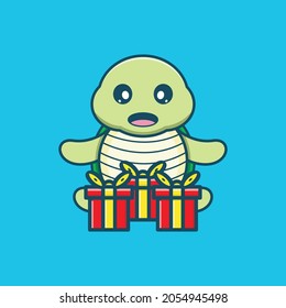 Cute Turtle surprised to get a gift and christmas gifts Vector Icon Illustration. Animal Icons concept celebrating christmas. Animal Icon Concept Isolated Premium Vector. Flat Cartoon Style