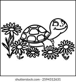 Cute Turtle surrounded by Flowers, perfect for coloring pages.