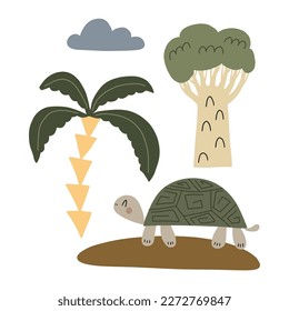 Cute turtle surrounded by tropical plants on a white background. Vector illustration perfect for baby clothes, postcard, poster