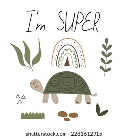 Cute turtle surrounded by tropical plants on a white background. Vector illustration perfect for baby clothes, postcard, poster