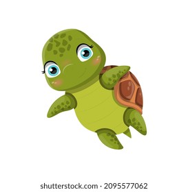 Cute turtle swim. Social media stickers and badges for childrens. Underwater inhabitants, water park. Animal, fauna, sea and nature. Cartoon flat vector illustration isolated on white background