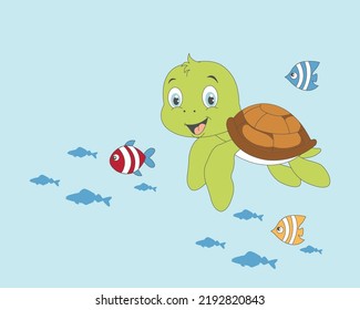 Cute Turtle Swimming Fish Cute Under Stock Vector (Royalty Free ...