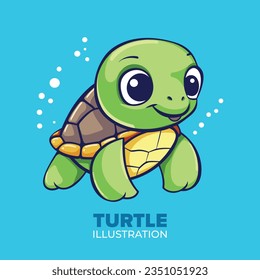 Cute turtle swimming: Flat vector cartoon icon illustration - ideal for posters, cards, decoration, and print