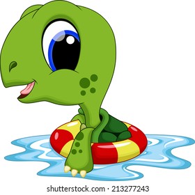 Cute turtle swimming with a float 