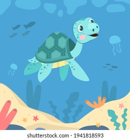Cute turtle swimming in ocean and smiling. Jellyfish, coral, sea flat vector illustration. Animals and underwater wildlife concept for banner, website design or landing web page