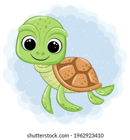 Cute turtle swimming in the sea. Cartoon vector illustration.