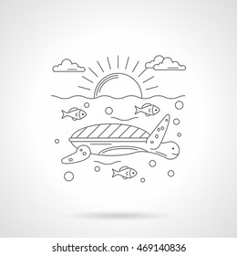 Cute turtle swimming in a sea with fishes. Cartoon seascape with sun. Detailed flat line style vector icon