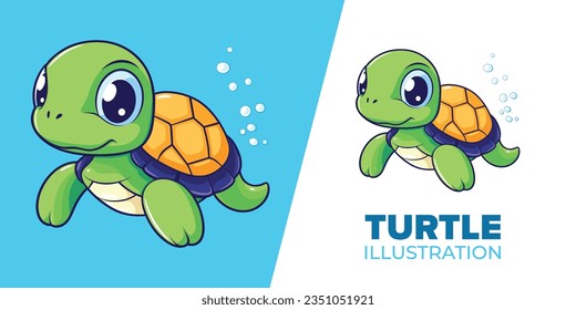 Cute turtle swimming: Vector icon illustration in flat cartoon style - perfect for posters, cards, decoration, and print