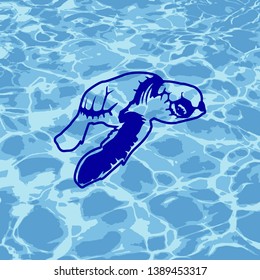 Cute turtle swims in a clear ocean. Vector illustration