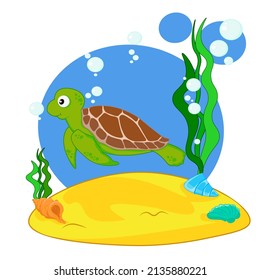 A cute turtle swims underwater on the seabed