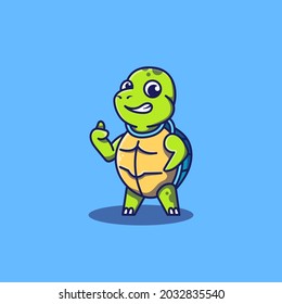 Cute turtle with thumbs up pose vector illustration. Flat cartoon style. Mascot design.