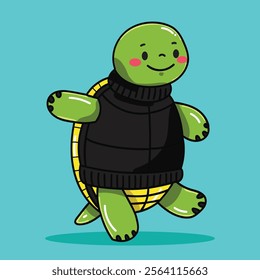 Cute Turtle or Tortoise Cartoon Standing while wearing black Turtle Neck Sweater good for Meme, Mascot, or Design Element