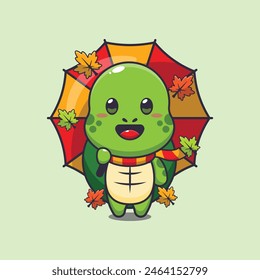 Cute turtle with umbrella at autumn season. Mascot cartoon vector illustration suitable for poster, brochure, web, mascot, sticker, logo and icon.