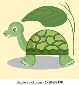 Cute turtle under a green leaf. Vector illustration.