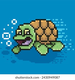 Cute turtle under the sea,pixel art,pixel vector,pixel art turtle,vector
