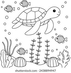 Cute turtle undersea coloring page or kids