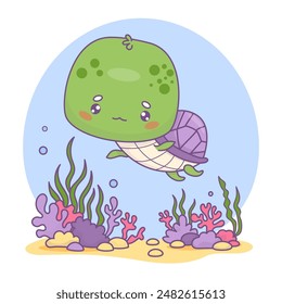 Cute turtle. Underwater world with cartoon kawaii character animal. Vector illustration. Kids collection.