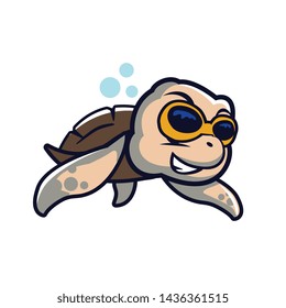 cute turtle using goggle training to swim at sea