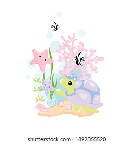 Cute Turtle Vector Clip Art Illustration. Cute cartoon character. Sea life colorful background	
