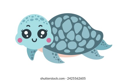 Cute turtle vector illustration. Funny underwater animal swims and smiles. Colorful ocean pet with shell. Happy aquarium reptile, friendly tortoise. Tropical character for children, kids. Cartoon art