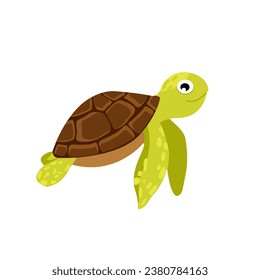 Cute turtle. Vector illustration of a sea turtle. Sea animal. Children's illustration in cartoon style. Underwater life. Blue isolated background.