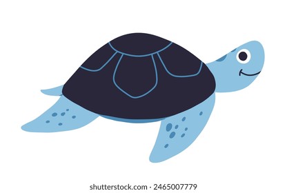 Cute turtle. Vector illustration of a sea turtle. Sea animal. Children's illustration in cartoon style. Underwater life. Blue isolated background.