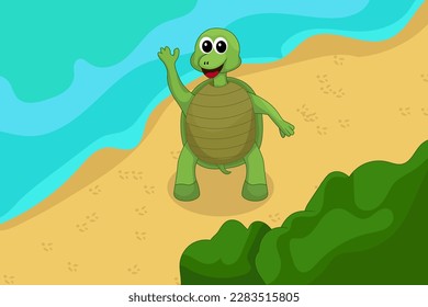 Cute Turtle Waving Hand Cartoon Vector Icon Illustration. Animal Holiday Icon Concept Isolated. Flat Cartoon Style