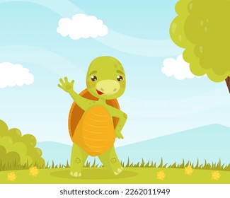 Cute turtle waving paw saying Hi. Funny smiling tortoise character standing on green lawn cartoon vector