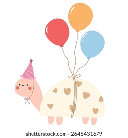 cute turtle wearing birthday hat and balloons