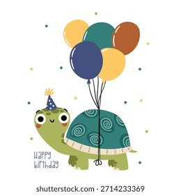 Una tortuga linda con un sombrero de cumpleaños y sosteniendo globos, con una inscripción de "Feliz cumpleaños". Ilustración vectorial plana, tarjeta de cumpleaños. 