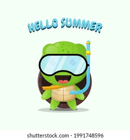 Cute turtle wearing diving gear with summer greetings
