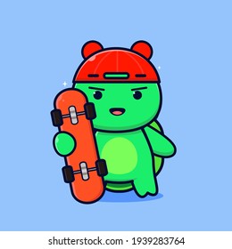 una tortuga adorable con sombrero y llevando una tabla de patinaje, tortuga de patinaje de diseño plano vectot para el logo de la mascota, página de aterrizaje, volante, pancarta. 