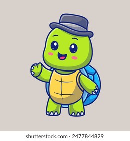 Cute Turtle Wearing Hat Cartoon Vector Icon Illustration. Animal Business Icon Concept Isolated Premium Vector. Flat Cartoon Style