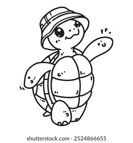 A cute turtle wearing a hat in this hand-drawn vector illustration. Doodle line art style, isolated and easy to use for kids' designs and creative projects.