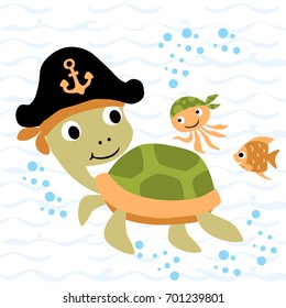 Cute turtle wearing pirate cap with squid and fish undersea, vector cartoon illustration