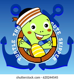 Cute turtle wearing sailor cap on anchors background, vector cartoon illustration