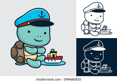 Cute turtle wearing sailor hat with a little boat. Vector cartoon illustration in flat icon style