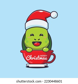 Cute turtle wearing santa hat in cup. Cute christmas cartoon illustration. 