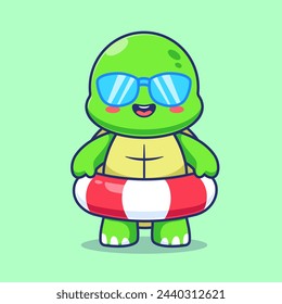 Cute Turtle Wearing Swimming Tires Cartoon Vector Icon Illustration. Animal Holiday Icon Concept Isolated Premium Vector. Flat Cartoon Style