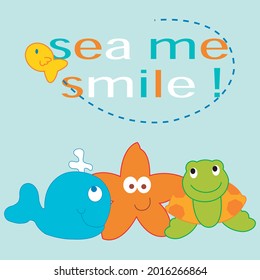 cute turtle, whale, starfish hugging, text on blue background