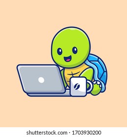 Cute Turtle Work On Laptop Vector Icon Illustration. Turtle Mascot Cartoon Character. Animal Icon Concept White Isolated. Flat Cartoon Style Suitable for Web Landing Page, Banner, Flyer, Sticker, Card