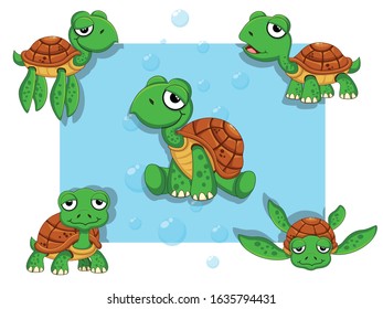 Cute Turtles Cartoon Characters Set. Vector illustration With Cartoon Happy Animal