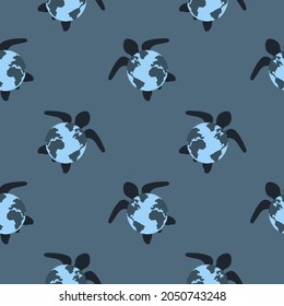 Cute turtles with earth shells seamless pattern. Vector sea background.