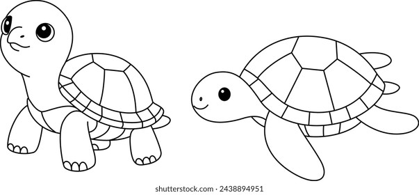 Cute turtles isolated on white background coloring page or kids