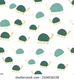 Cute turtles seamless pattern. Funny animals ornament. Repeated texture in doodle style for fabric, wrapping paper, wallpaper, tissue. Vector illustration.