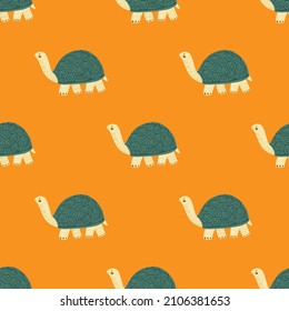 Cute turtles seamless pattern. Funny animals ornament. Repeated texture in doodle style for fabric, wrapping paper, wallpaper, tissue. Vector illustration.