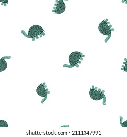 Cute turtles seamless pattern. Funny animals ornament. Repeated texture in doodle style for fabric, wrapping paper, wallpaper, tissue. Vector illustration.