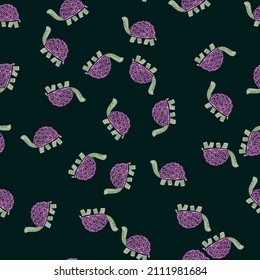 Cute turtles seamless pattern. Funny animals ornament. Repeated texture in doodle style for fabric, wrapping paper, wallpaper, tissue. Vector illustration.