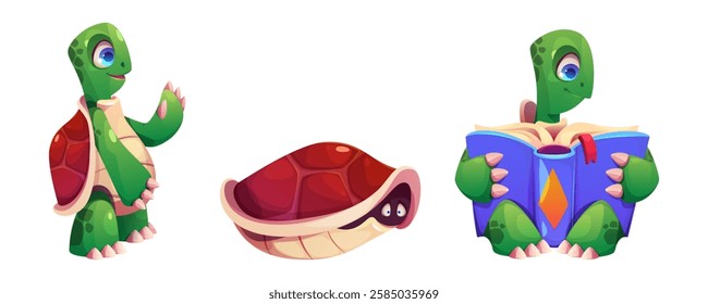 Cute turtles set isolated on white background. Vector cartoon illustration of funny sea animals waving hello, scared hiding in shell, sitting and reading book, underwater wildlife, education mascots